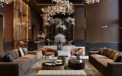 Интерьер лобби элитного жилого комплекса Москвы с золотыми акцентами