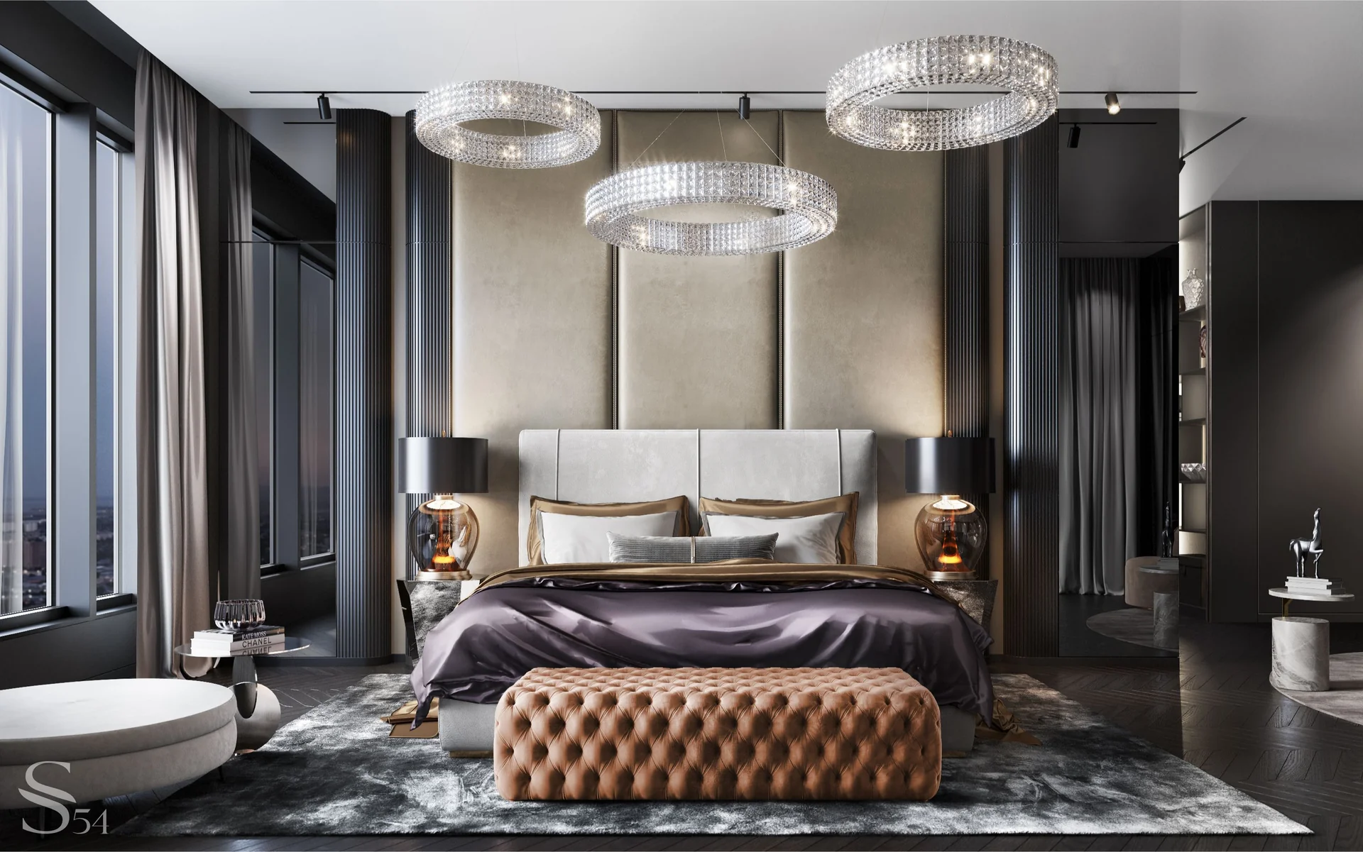 Master bedroom. FiftyFourms wall panels, Alberta bed, furniture by Minotti, Poltrona Frau. Master bedroom. FiftyFourms wall panels, Alberta bed, furniture by Minotti, Poltrona Frau.