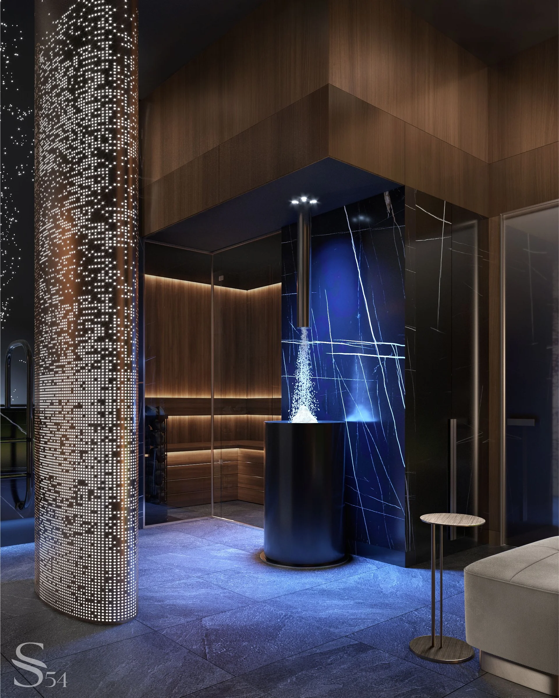 Ice fountain and hammam area