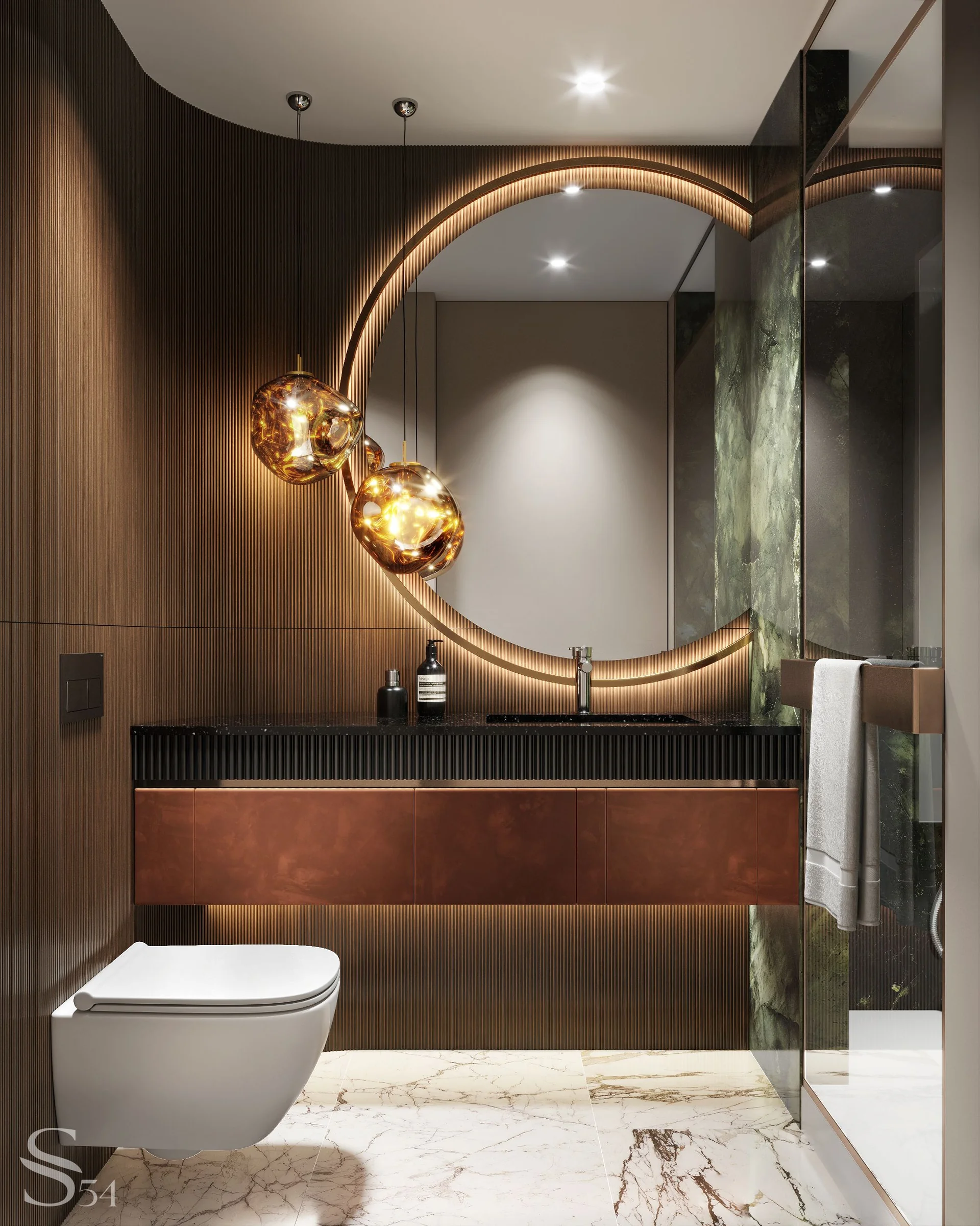 Два интерьера гостевых ванных – с терракотовым и синим гарнитуром