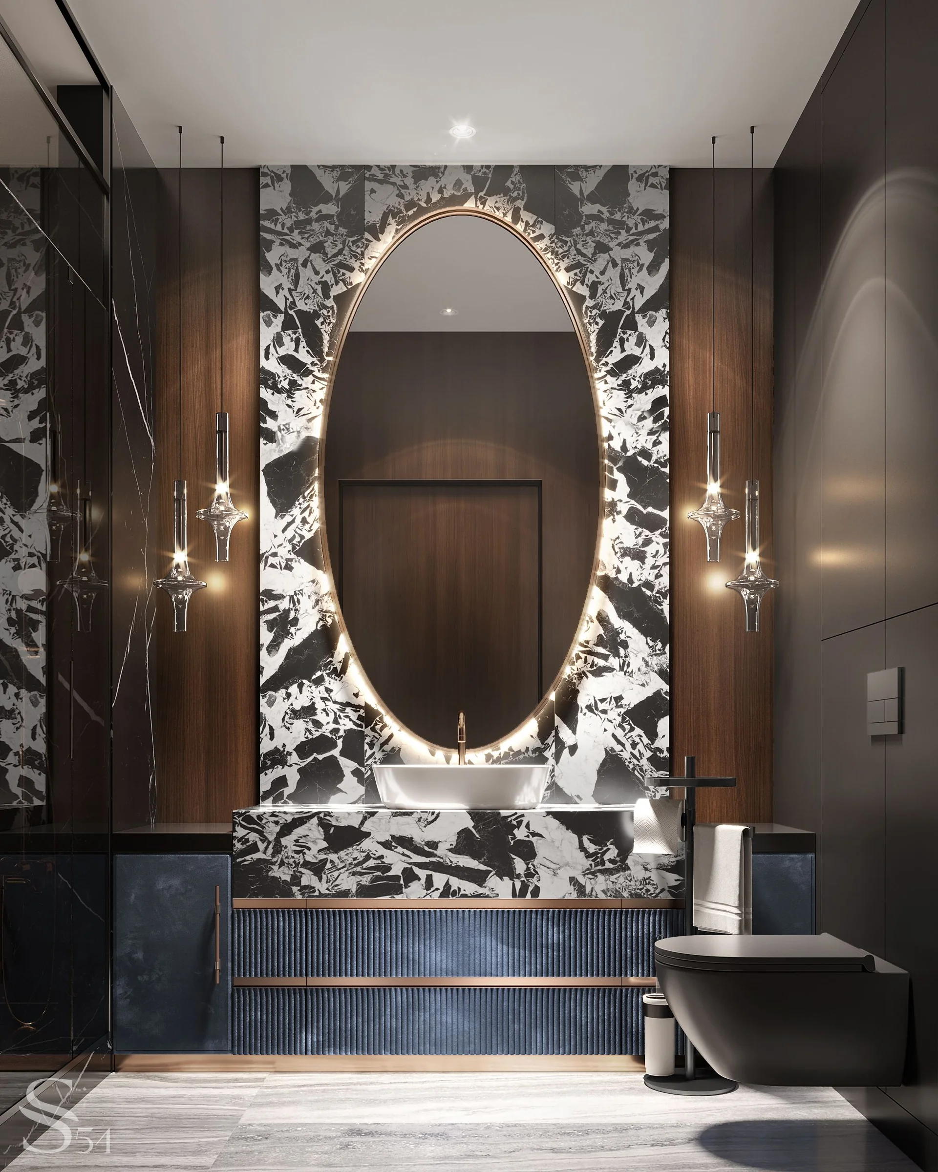 Два интерьера гостевых ванных – с терракотовым и синим гарнитуром