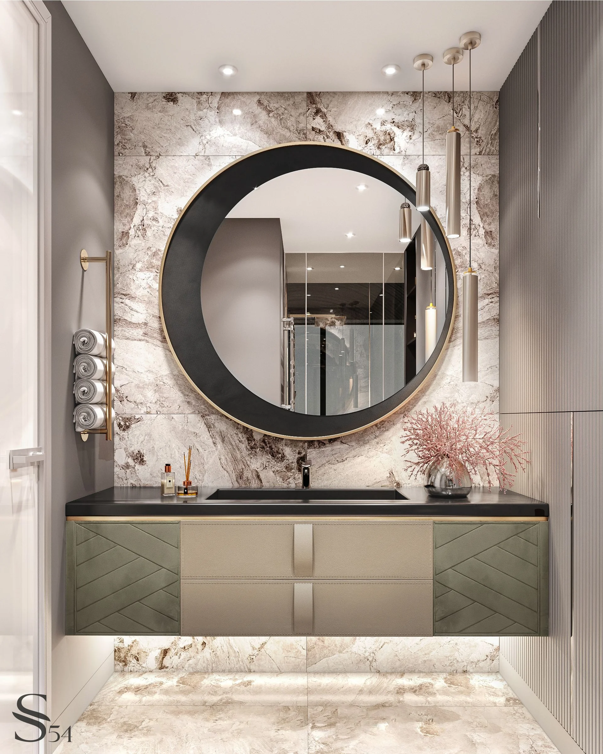 Guest bathrooms. The interior of the first bathroom features the Cafe Royal mirror and FiftyFourms.
Guest bathrooms. The interior of the first bathroom features the Cafe Royal mirror and FiftyFourms.