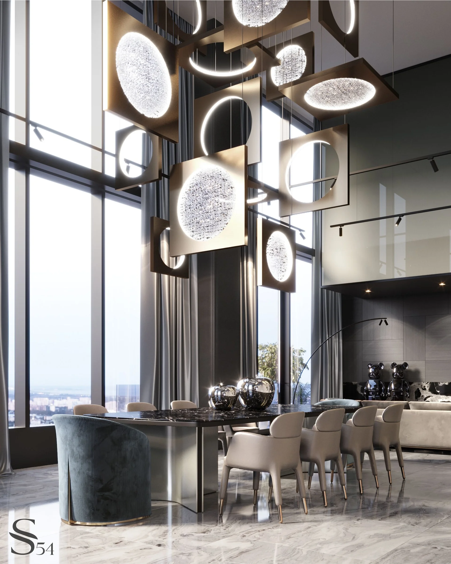 Dining area. The suspended installation is custom-made from metal and patterned glass. Dining area. The suspended installation is custom-made from metal and patterned glass.