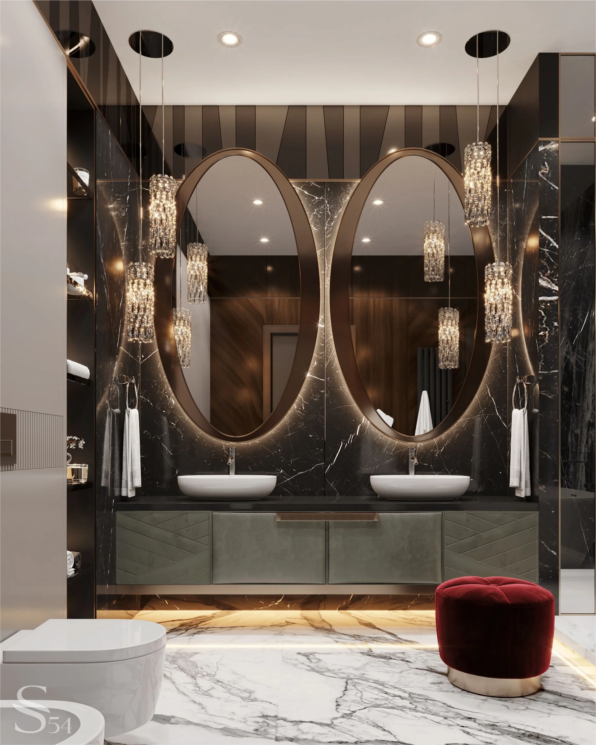 Cabinet is trimmed with leather, Minotti pouf