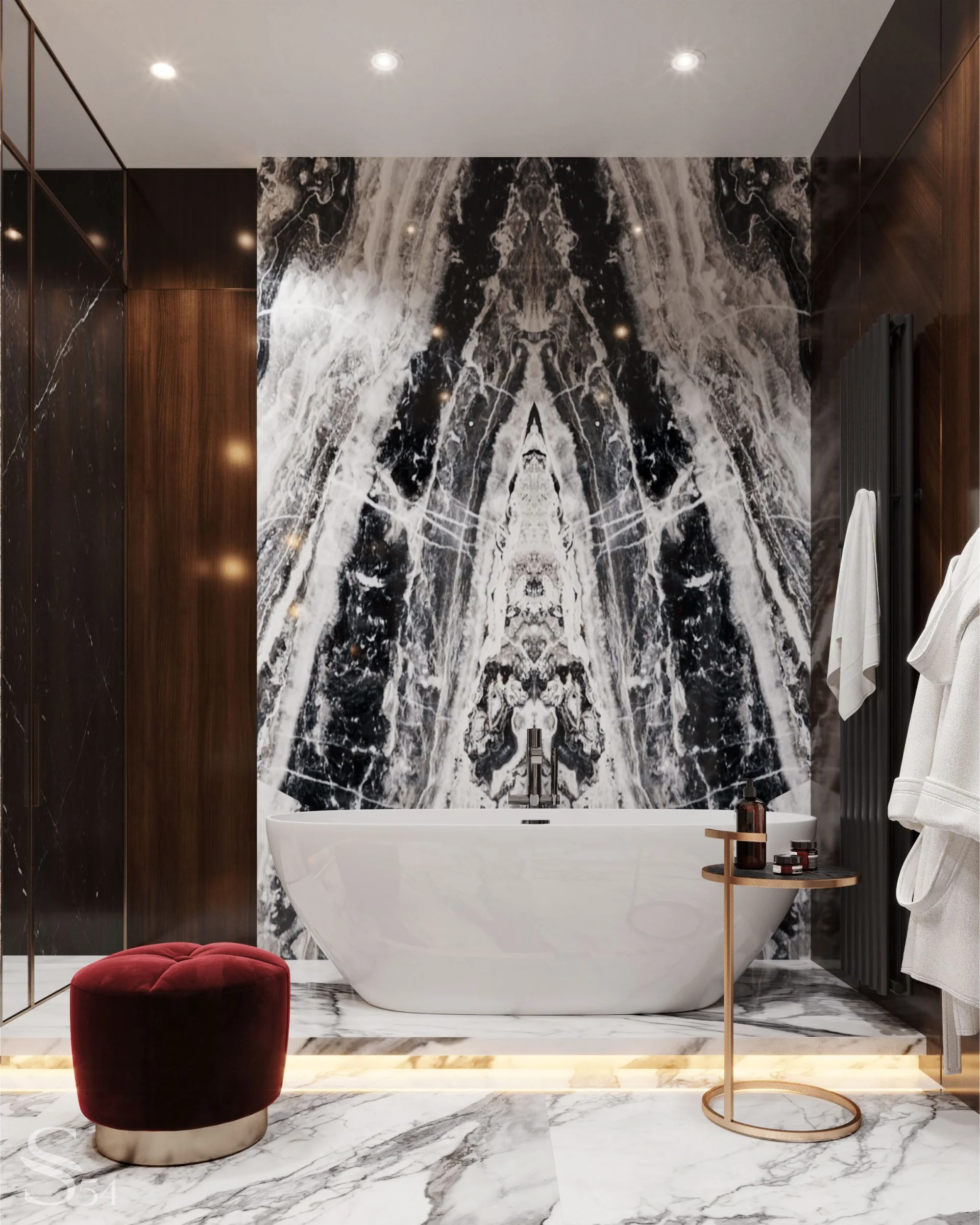 Contrasting marble and porcelain stoneware in the master bathroom