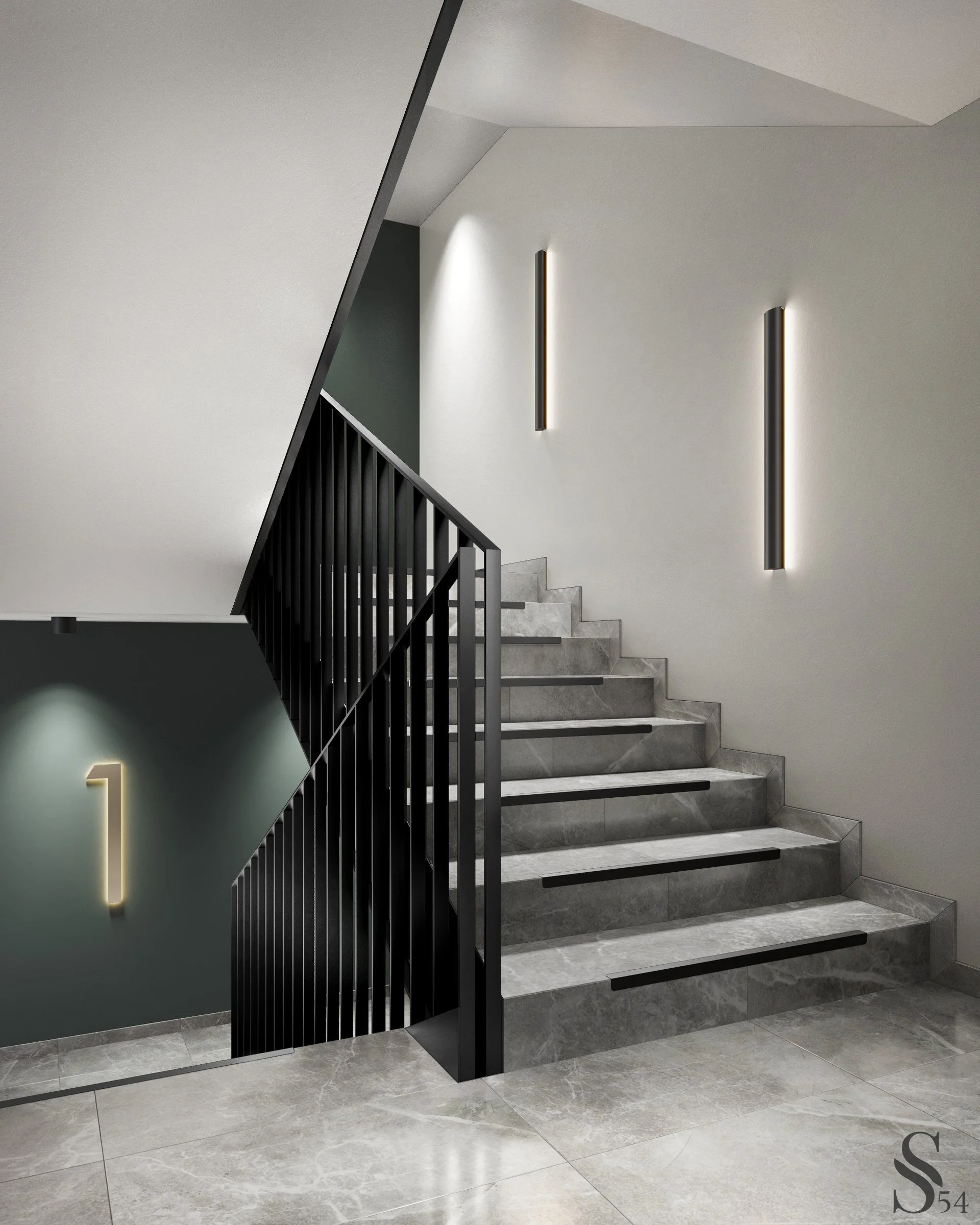 Лестничные пролеты отделаны серым керамогранитом. Покраска стен в оттенок виридан