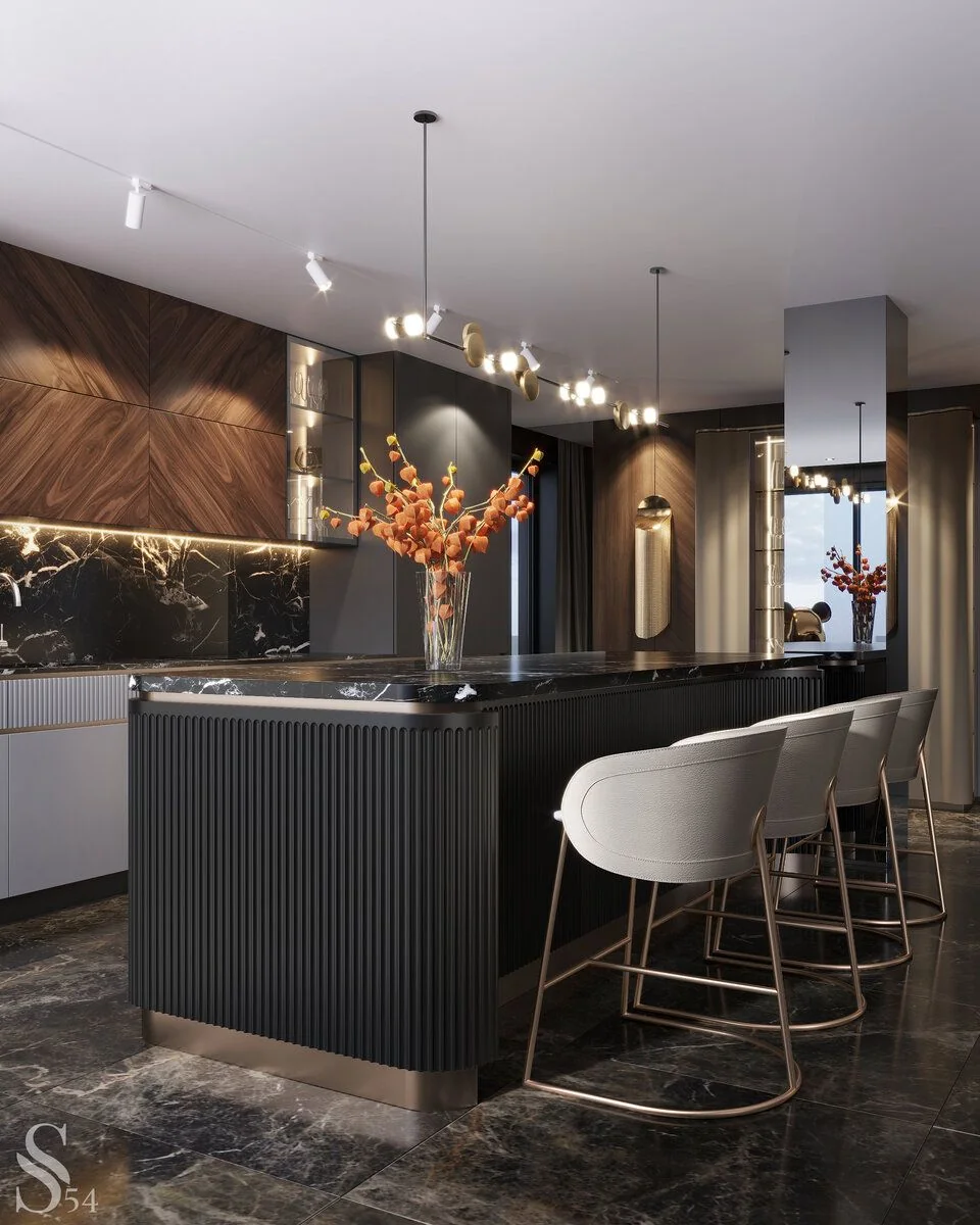 Остров и барные стулья от Visionnaire