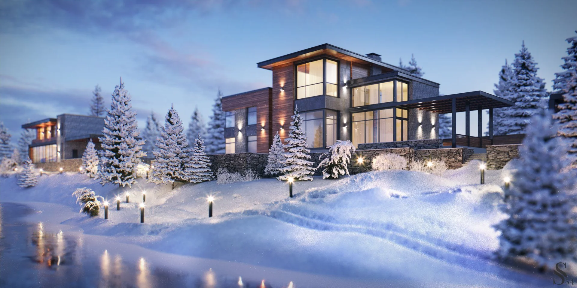 Современный дом с плоской кровлей в стиле «шале» Современный дом с плоской кровлей в стиле «шале»