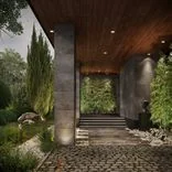 The entrance group is decorated with the plant installation and the art object