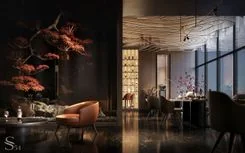 A fire-coloured bonsai growing straight from the ceiling A fire-coloured bonsai growing straight from the ceiling