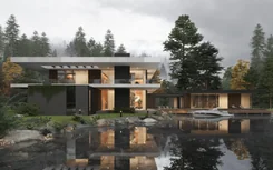 Архитектурный проект дома с плоской крышей у озера